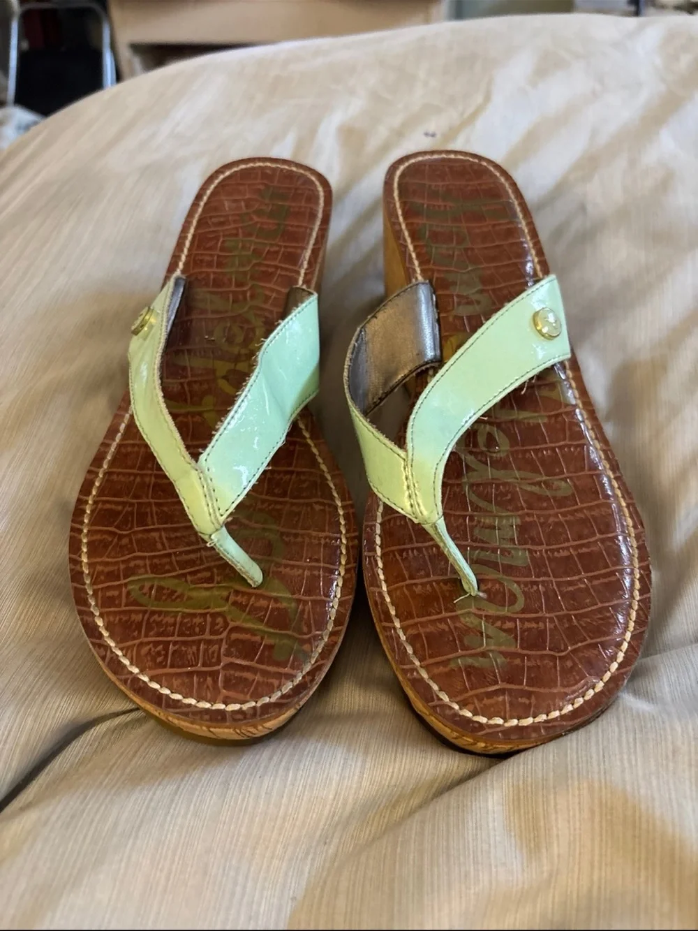 Sam Edelman Patent Mint Green Thong Wedge Sandals